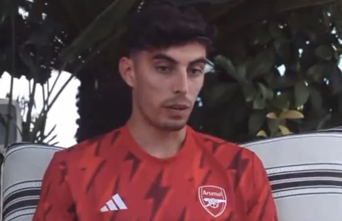 Kai Havertz pictured wearing Arsenal's training kit while giving an interview before the official announcement of his transfer from Chelsea in 2023
